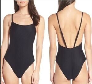 Something Navy One-Piece Swimsuit Women Size XS Black Ribbed Spaghetti Strap NWT